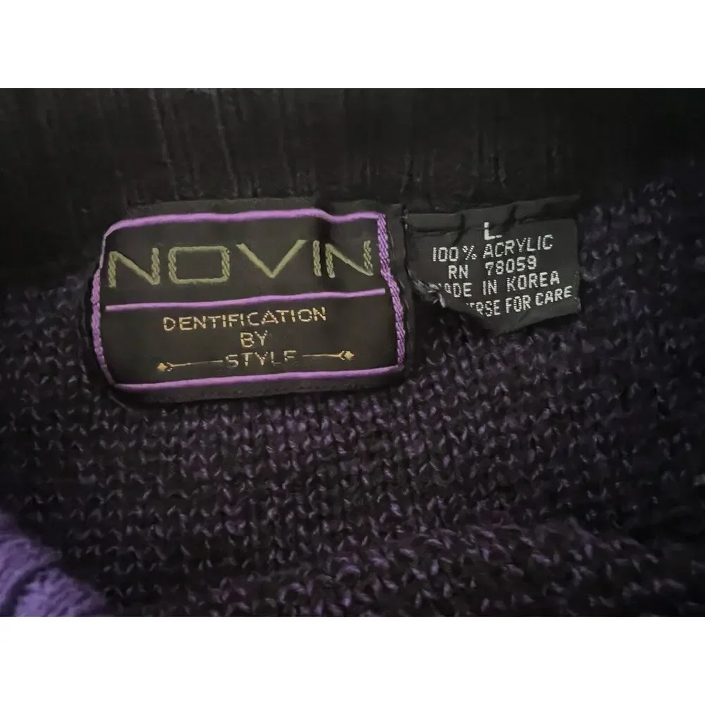 Vtg 90 Novin International Knit Crewneck Sweater Purple Black Grandpacore L